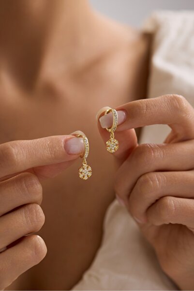 Nereze 925 Ayar Gümüş Gold Kaplama 15 mm Halka Kartanesi Küpe