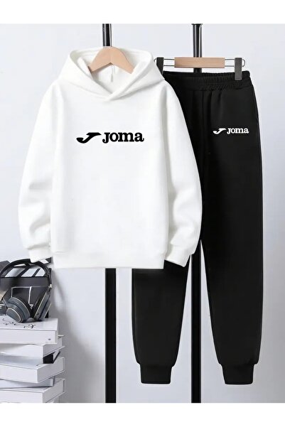 buendiakids Boy's White-Black Joma Printed Hooded Sweatpants Set
