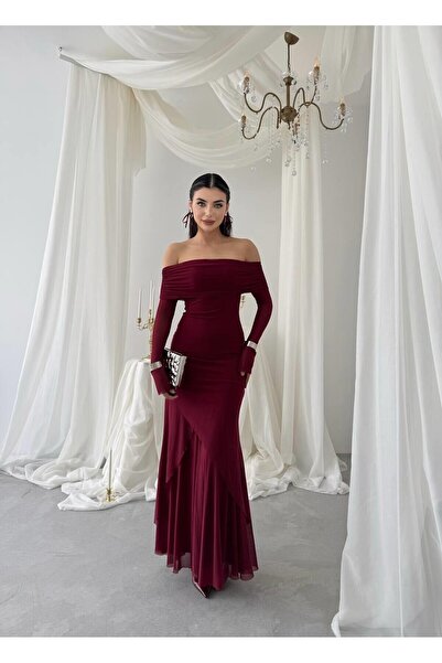 Julidress فستان تول فاخر مبطن بياقة مادونا باللون العنابي لحفلات الخطوبة