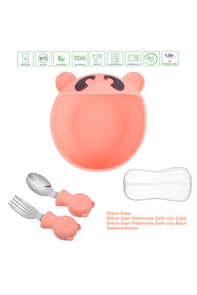 jojobebek Pembe Premium Çocuk Vakumlu Silikon Beslenme Mama Kase, Paslanmaz Ç...