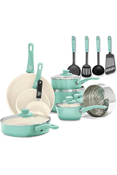 GRE مجموعة أواني طهي ومقالي صحية من السيراميك غير لاصقة من جرين لايف، 16 قطعة، فيروزي