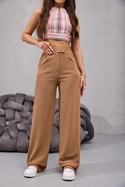 BİKELİFE Kadın Yüksek Bel Likralı Cırt Kapama Geniş Paça Palazzo Pantolon