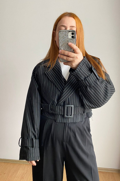 msendam Fast Perry Marka Kısa Boy İçi Astarlı Çizgili Kumaş Trençkot Ceket