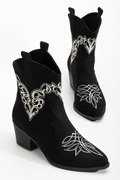 MS SUGAR SHOES Kadın Western Siyah Vegan Süet Elite Çiçek Nakışlı Topuklu Kovboy Bot