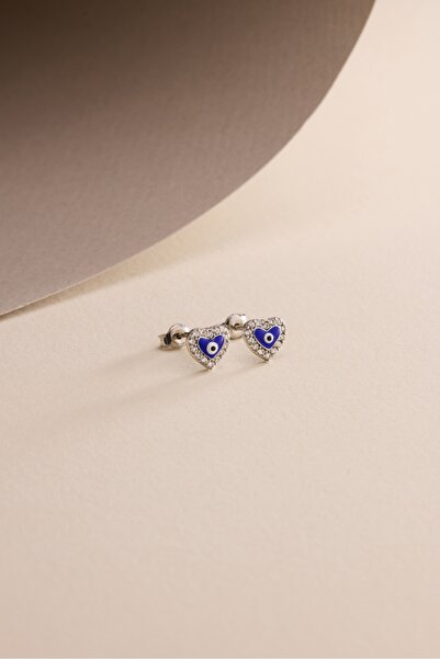 Nereze 925 Ayar Gümüş Rodyum Kaplama Nazar Kalp Model Küpe