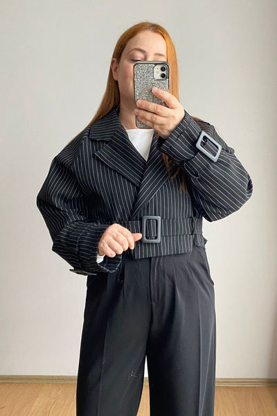 msendam Fast Perry Marka Kısa Boy İçi Astarlı Çizgili Kumaş Trençkot Ceket