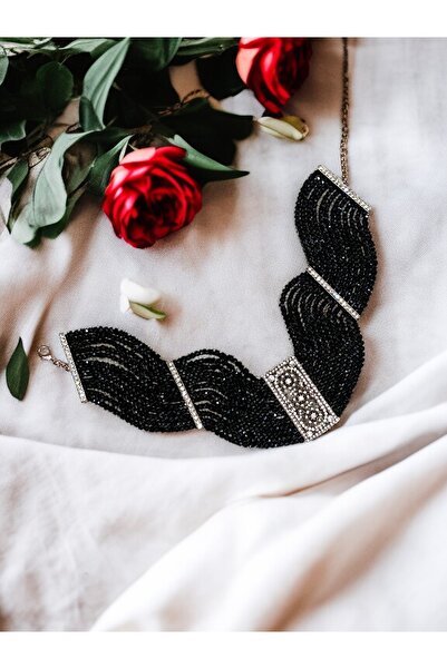 FAYRA ACCESSORIES Kristal Taşlı Hasır Dizim Oniks Taşlı Tasma Kolye