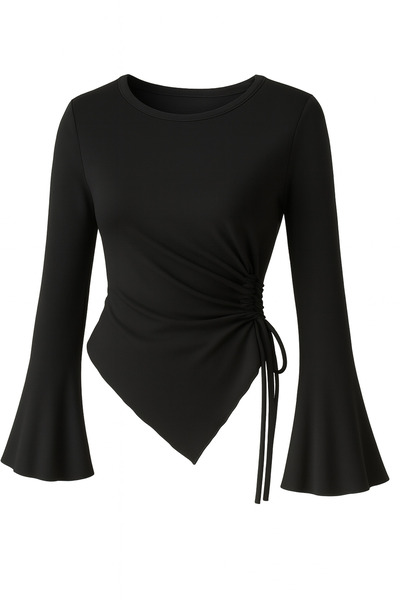 Wild Flower Μαύρη μπλούζα με στρογγυλή λαιμόκοψη και λεπτομέρεια ντραπέ, ισλαμική μπλούζα που ταιριάζει με το μανίκι