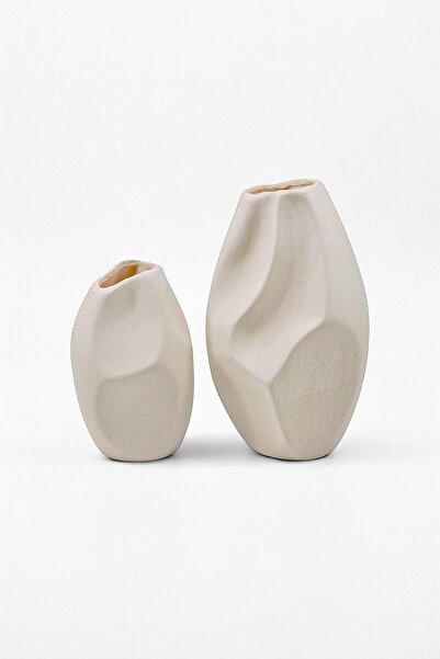 BOHEMORE Boho 2'li Bej Dokulu Seramik Vazo Seti