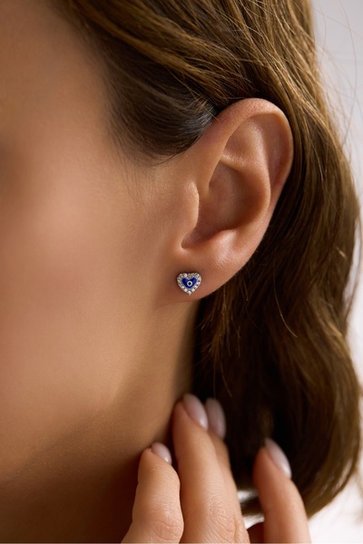 Nereze 925 Ayar Gümüş Rodyum Kaplama Nazar Kalp Model Küpe