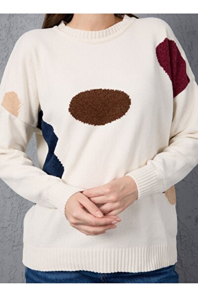 Coşkun GİYİM Women's Crew Neck Chenille Velvet Color Block Sweater Ekru 11809