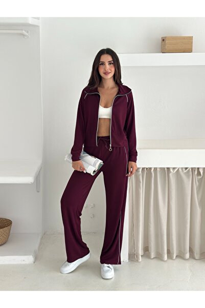 02Lady Fashion Soft Textured Piping Detailed Wide Leg Tracksuit Set