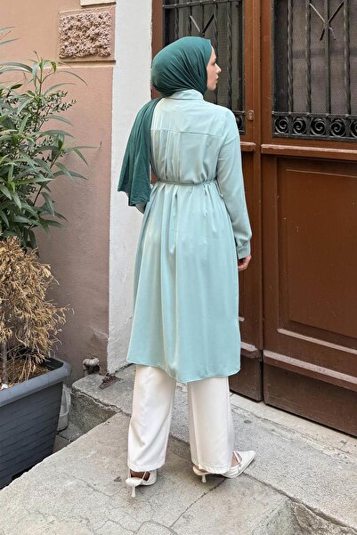 lamelif Long Hijab Tunic with Tie Detail Mint Green