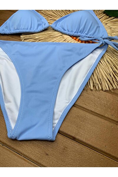 VAJESTO Kadın Bebe Mavisi Likralı Yandan Boyundan Bağlamalı Şık İpli Üçgen Bikini Takım