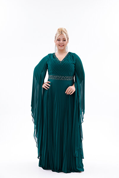 BDM Exclusive Saten Piliseli Taş İşlemeli Büyük Beden Abiye Elbise