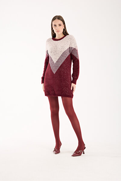 Moda Days Women's Burgundy Glittery Beard Yarn Color Block Crew Neck Knitwear Sweater
