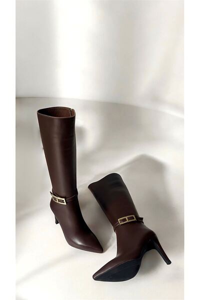 Saracshoes Gerçek Deri İnce Topuklu Kadın Çizme Kahverengi Dream