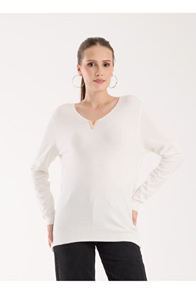 Coşkun GİYİM Γυναικείο πουλόβερ με λαιμόκοψη V και αξεσουάρ ECRU 311863