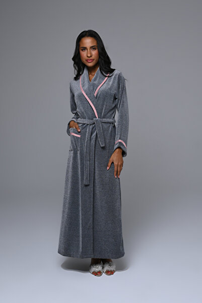 Lohusa Homewear Kadın Gri Kadife Şal Yaka Dantelli Kışlık Özel Tasarım Tam Bo...