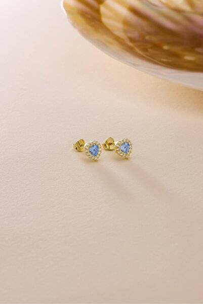 Nereze 925 Ayar Gümüş Gold Kaplama Aquamarin Taşlı Kalp Model Küpe