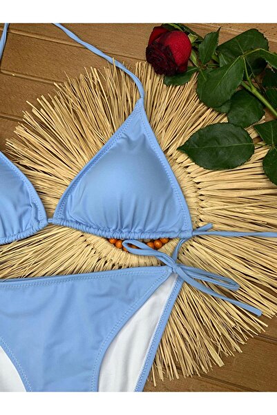 VAJESTO Kadın Bebe Mavisi Likralı Yandan Boyundan Bağlamalı Şık İpli Üçgen Bikini Takım