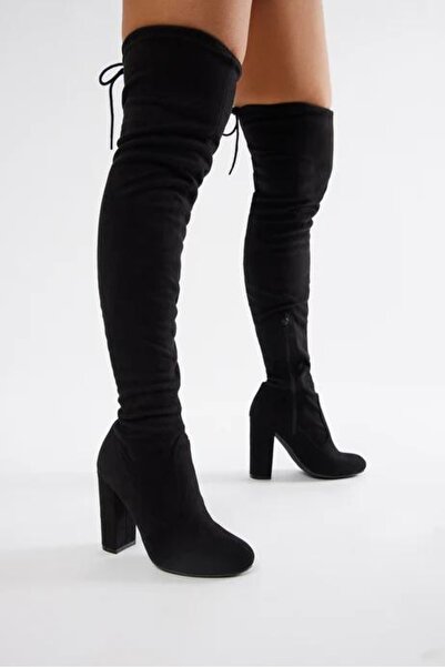 TrendyAnka Sock Boots, Women's Black Round Toe 10cm Heel Over-The-Knee Stretch Boots