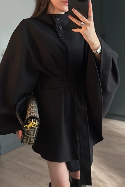 JaMolls Polo Collar Belt Detail Design Brand Equivalent Batwing Sleeve Imported Cashmere Buttoned Poncho Jacket Coat