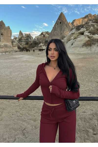 albaroda Kadın Bordo Parmak Geçmeli Kapüşonlu Bluz Pantolon & Eşofman Takım