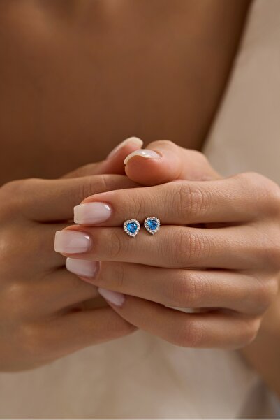 Nereze 925 Ayar Gümüş Rodyum Kaplama Aquamarin Taşlı Kalp Model Küpe