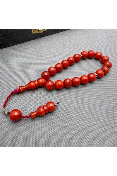 ASLAN Tesbih Zeyzun Usta İşçilikli Küre Kesim Dik Hareli Kuşburnu Rengi Sıkma Kehribar Tespih