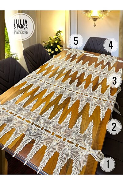 Mariabella Home Collection Julia 5 Parça Salon Takımı Runner Masa Konsol Sehpa Zigon Örtüsü Nakışlı Set Çeyizlik