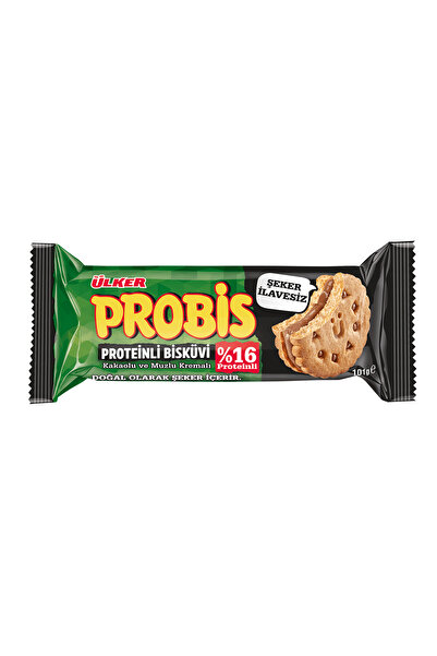 Ülker PROBİS PROTEİNLİ KAKAOLU VE MUZLU KREMALI ŞEKERSİZ BİSKÜVİ 101G