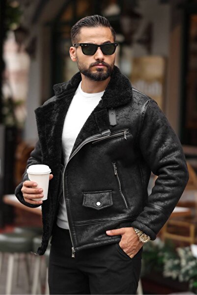 KOCCI Jachetă de iarnă pentru bărbați, cu detalii din blană artificială, rezi...