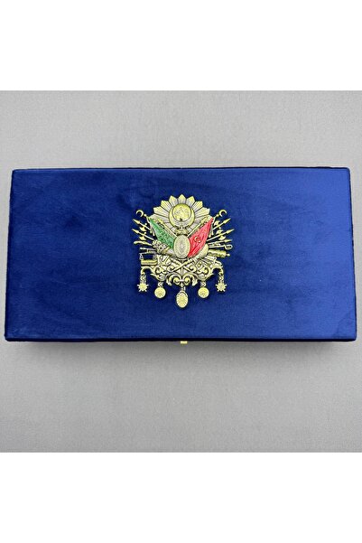 ASLAN Tesbih Büyük Boy Mavi Osmanlı Tuğralı Büyük Boy Kadife Tespih Kutusu