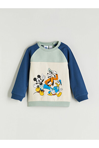 LC Waikiki Yeşil Bisiklet Yaka Mickey Mouse Baskılı Erkek Bebek Sweatshirt Ve Eşofman Alt
