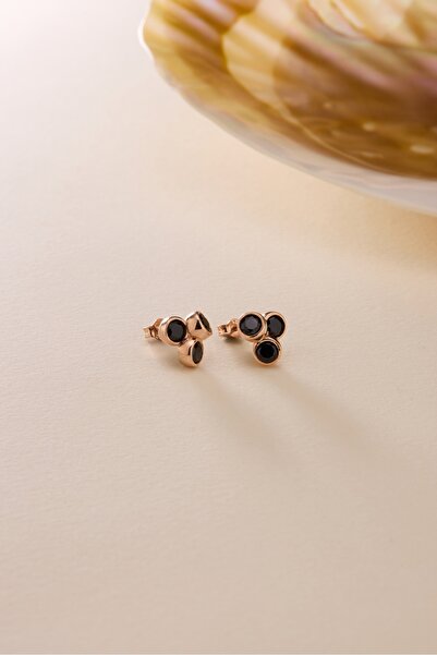 Nereze 925 Ayar Gümüş Rose Kaplama Pırlanta Model 3'Lü Siyah Taşlı Küpe