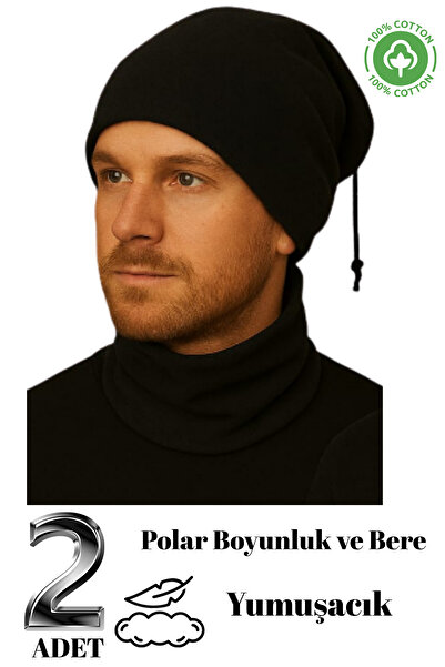 DİLRUBA AVM 2-Piece Polar Black Beanie Neck Warmer Winter Thermal Insulated Soft Warm Quality Set
