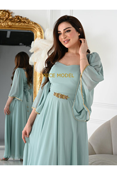 TREN Mint Chiffon Maxi Dress Stone Accessory Belt Lace-Up Back Evening Party ...
