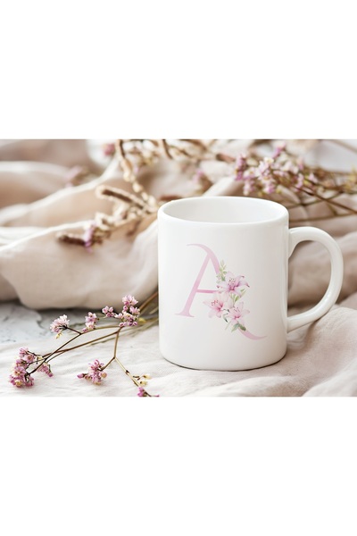 Beramussa كوب مزخرف بزهرة وردية على شكل حرف A - كوب شاي وقهوة بتصميم زهرة ورد...