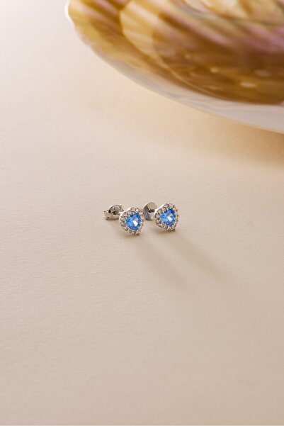 Nereze 925 Ayar Gümüş Rodyum Kaplama Aquamarin Taşlı Kalp Model Küpe