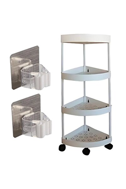 FOTOFUN 4-Tier Corner Shelf + 2 Self-Adhesive Umbrella/Mop/Broom Holders, White - 34x25x88 cm