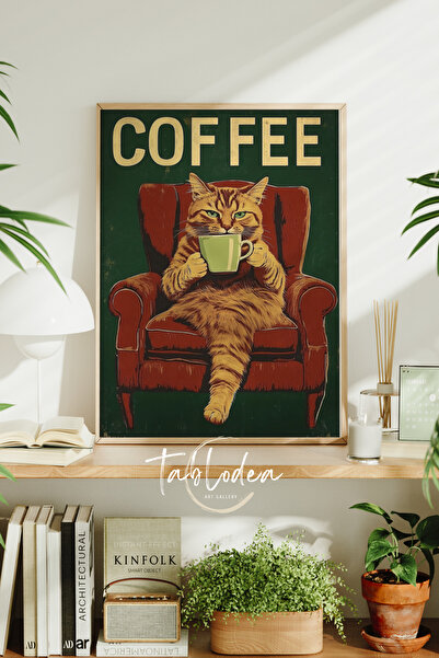 tablodea Kahve İçen Kedi İllüstrasyonu Çerçeveli Poster Tablo -Kahve Köşesi D...