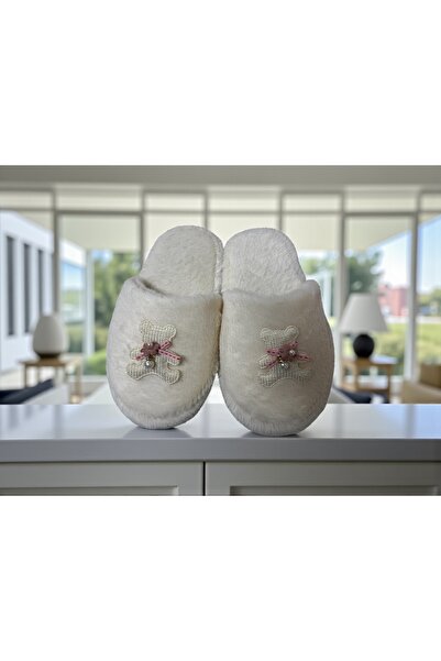 Bmp Terlik Ecru Plush Children's House Slippers with Teddy Bears
