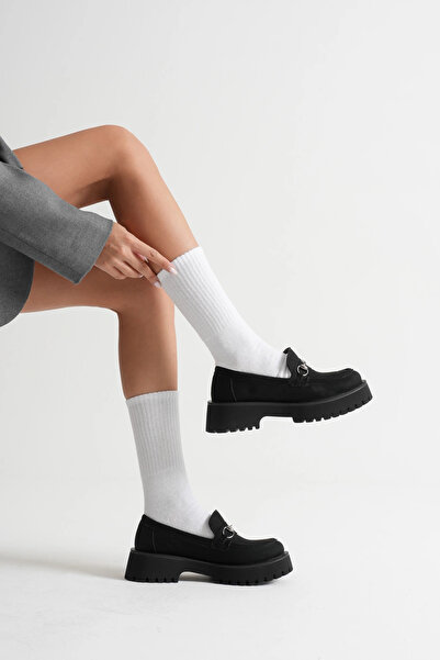 MFT AYAKKABI حذاء نسائي يومي مريح بإبزيم من جلد الغزال الأسود