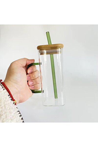 MOSTAFA Glass coffee or matcha mug with handle and straw, with wooden lid
