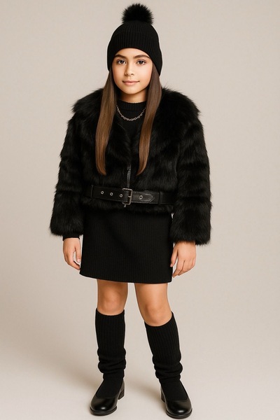 SILA Kız çocuk kürk mont-elbise-tozluk-bere takım