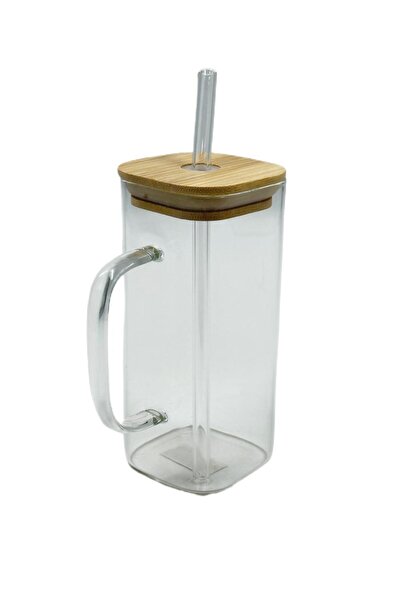 MOSTAFA Glass coffee or matcha mug with handle and straw, with wooden lid