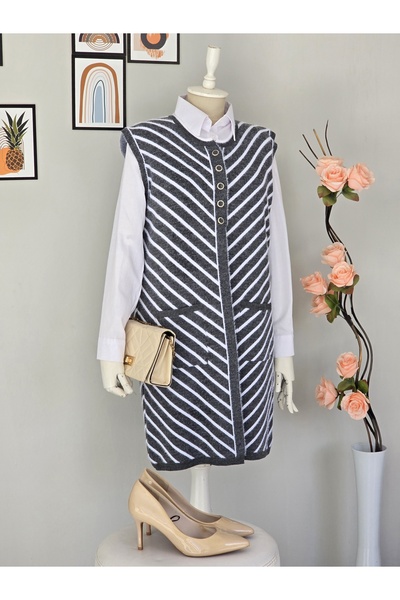 ENDAMIM Long Wool Knitwear Front 3 Buttons Striped Plus Size Knitwear Vest