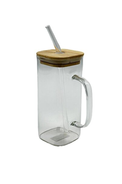 MOSTAFA Glass coffee or matcha mug with handle and straw, with wooden lid