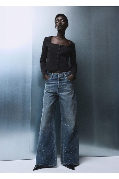 MANGO Woman Strass taşlı wide leg jean pantolon